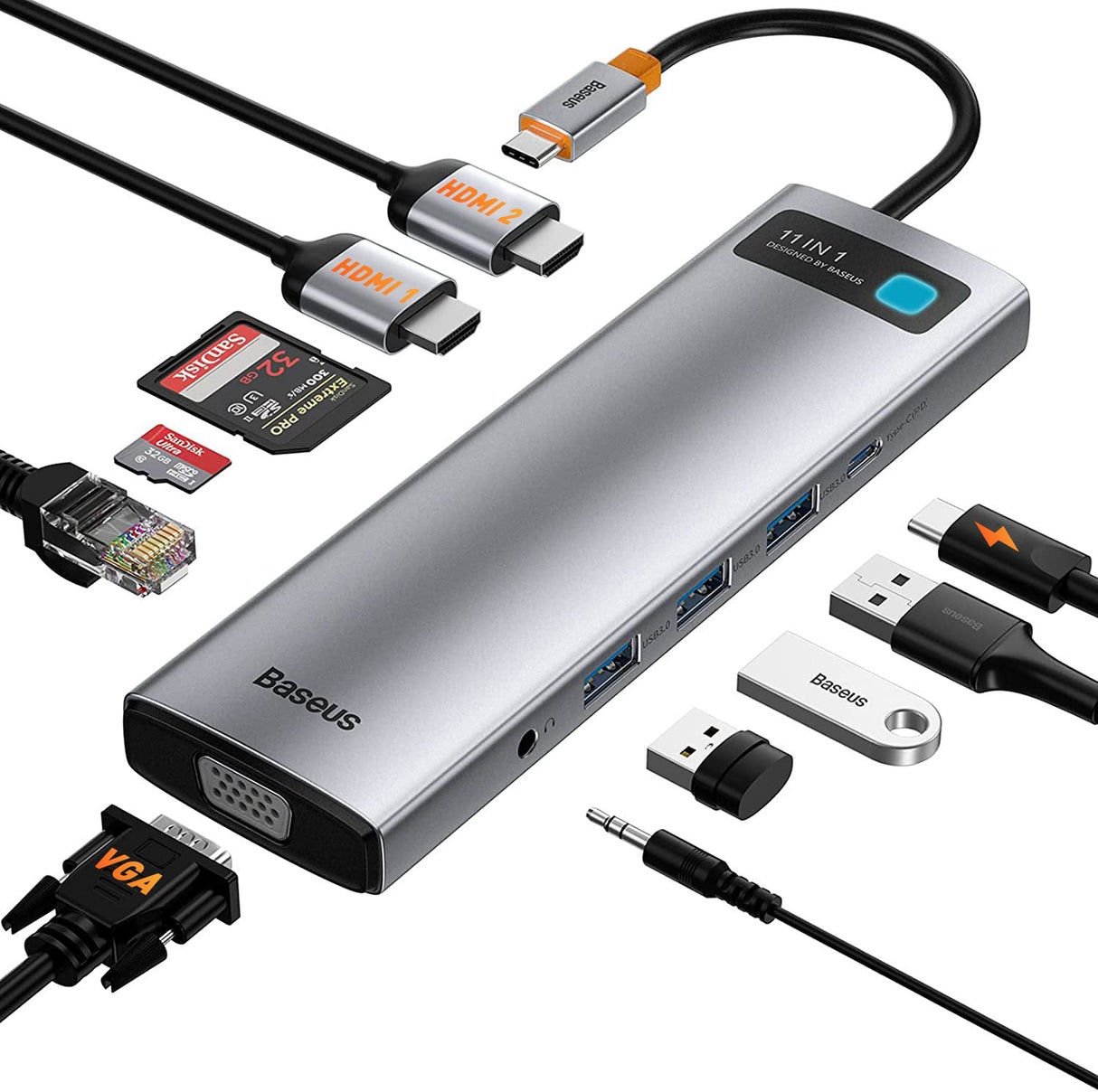 Baseus Hub Metal Gleam Series 11-In-1 Multifunctional (Type-C To 3xusb3.2/Pd 100w/3,5 Mm Jack/Vga Full Hd 60hz/2xhdmi 4k/Tf+Sd Card/ Rj45) Space Gray (Cahub-Ct0g)