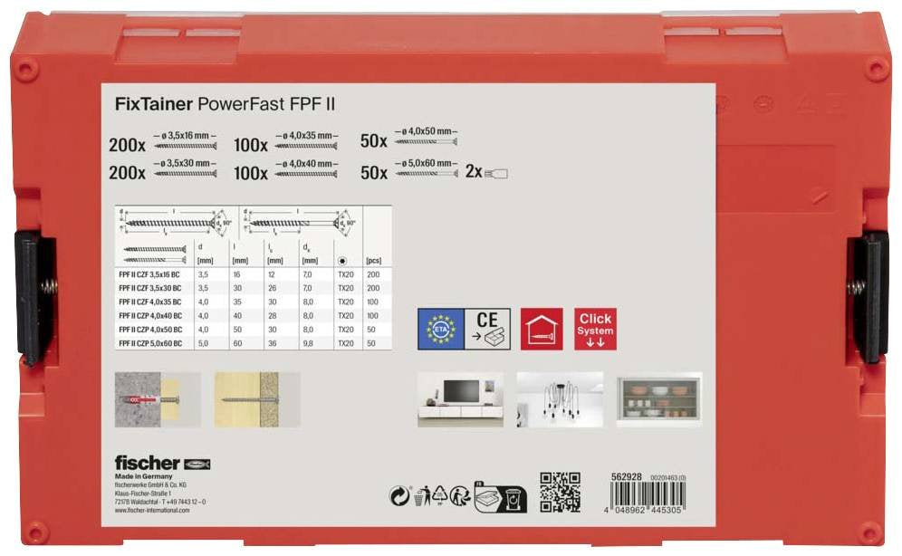 Fischer Fixtainer Powerfast Ii Cabeza Avellanada Tg/Vg Tx, Juego De Tornillos 702 Piezas, Rosca Parcial Y Total, Galvanizado 562928