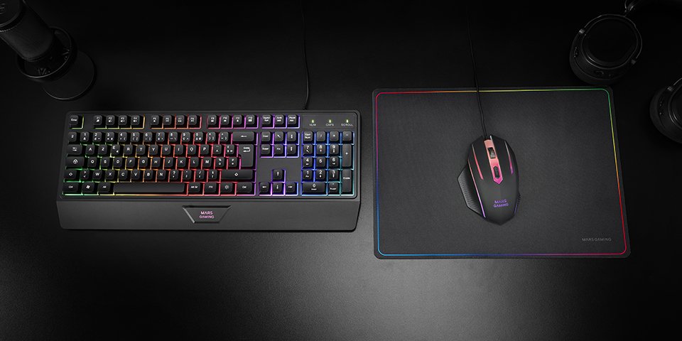 Mars Gaming Mcp124 Combo Gaming 3en1 - Teclado H-Mech Ergonomico - Raton Rgb Switches Huano - Alfombrilla Nanotextil