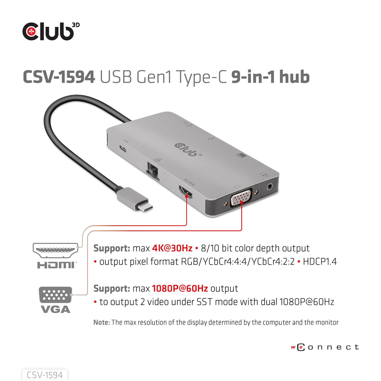 Club3d Usb-9-In1-Hub Usb-C > Hdmi/Vga/2xusb/Usb-C/Rj45/Sd Retail