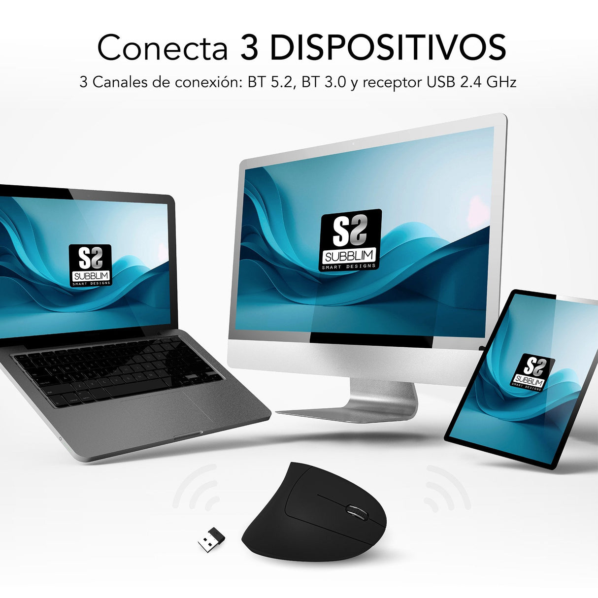 Raton Subblim Glide Vertical Ergo Dual Vertical Bluetooth, Usb 2.4ghz 4000dpi - 5 Botones - Uso Diestro - Negro