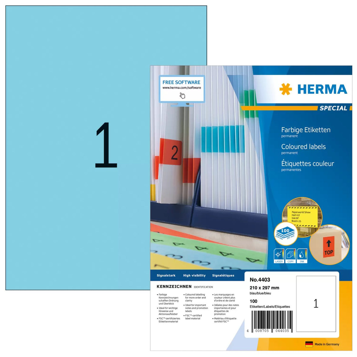 EAN 4008705044035 - HERMA 4403 etiqueta autoadhesiva Rectángulo Permanente Azul 100 pieza(s) imagen 1