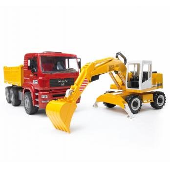 Camión Volquete Brother Man Tga, Modelo De Vehículo (Rojo/Amarillo, Con Pala Excavadora Liebherr)