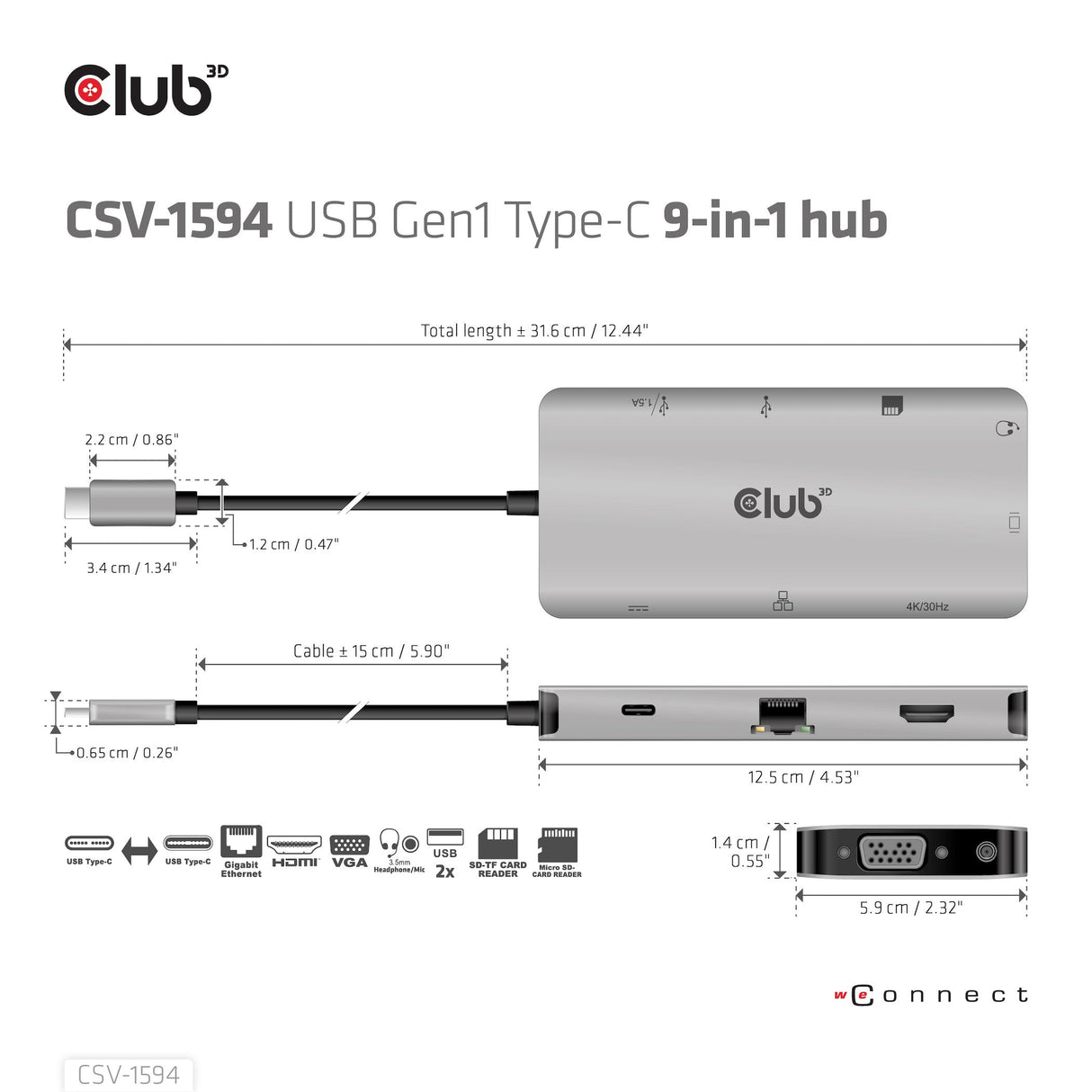 Club3d Usb-9-In1-Hub Usb-C > Hdmi/Vga/2xusb/Usb-C/Rj45/Sd Retail