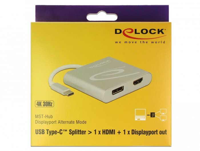Delock Usb Type-C Splitter Dp Alt Mode > 1 X Hdmi + 1 X Displayport Out 4k 30 Hz