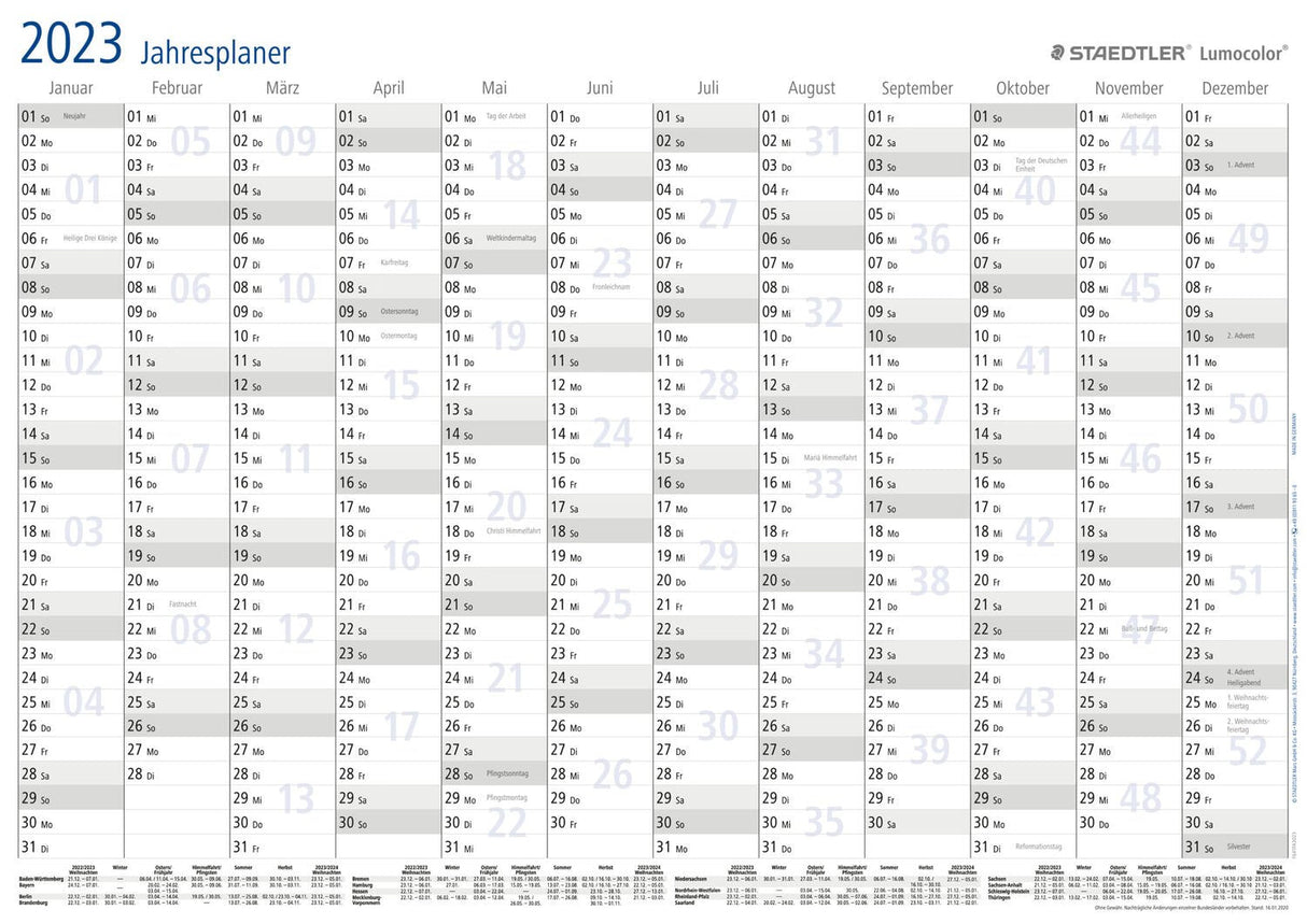 Calendario Aleman Staedtler Lumocolor Negro, Blanco 2023 Year Planner 2024 A3 Format