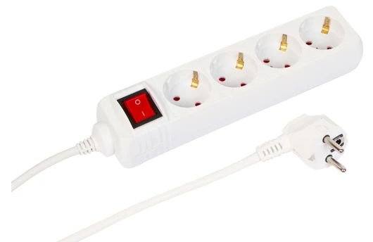 4-Way Schuko Power Strip  On/Off Switch 1.5m, White