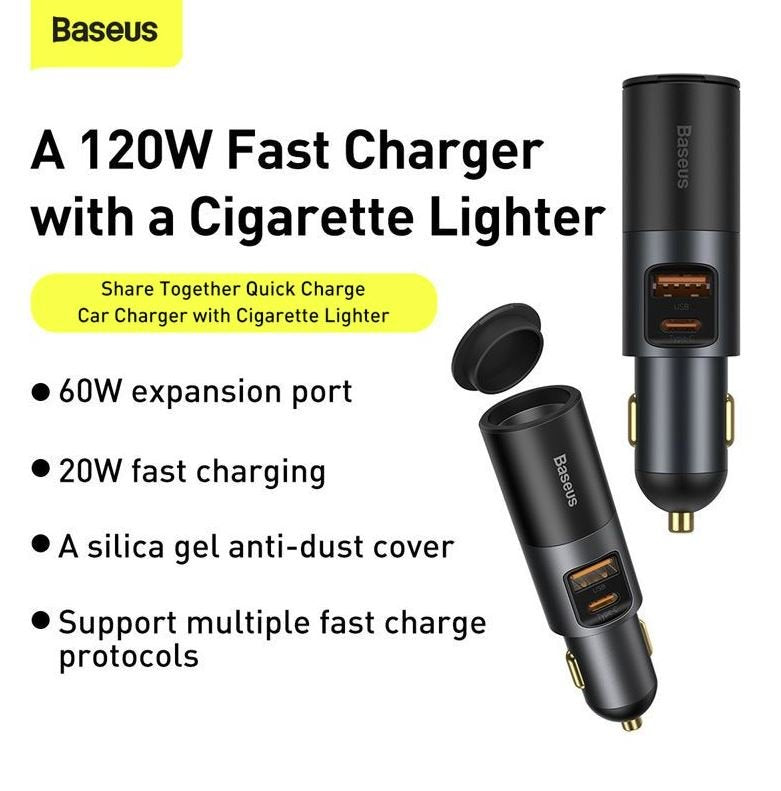 Baseus Share Together Fast Z Gniazdem Zapalniczki, 2x Usb, 120w (Szara)