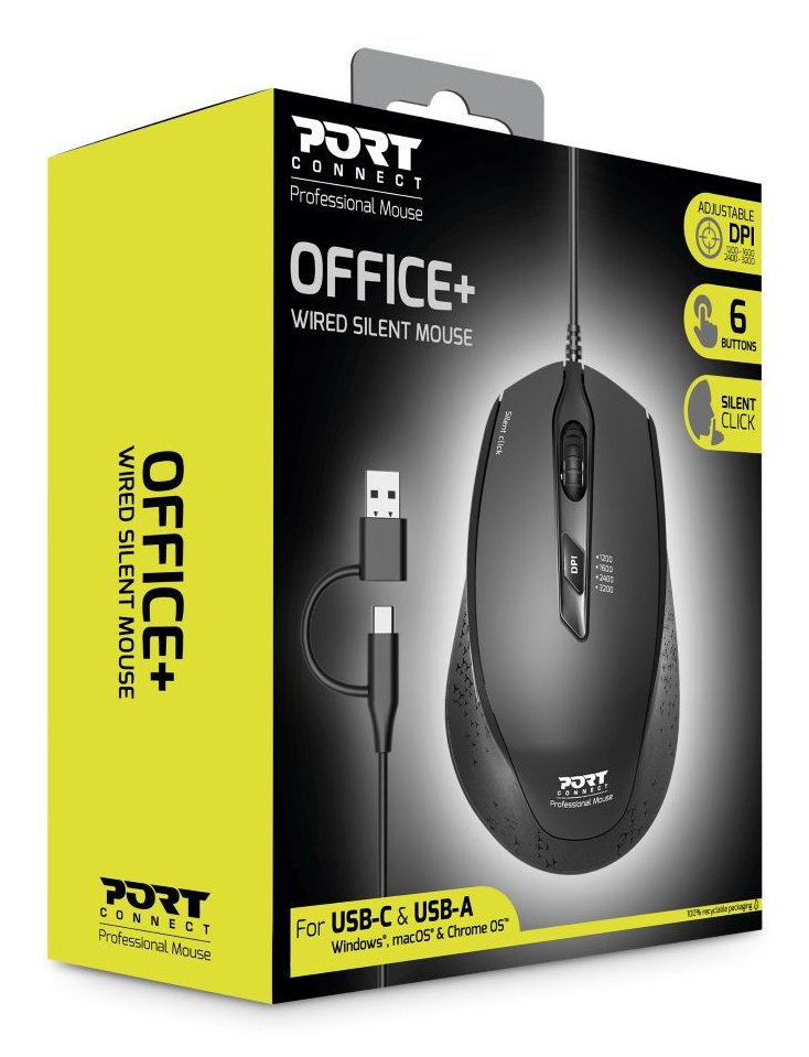 Port Designs Mouse Office Wired Silent Pro - Medium Size - Black - Bulk