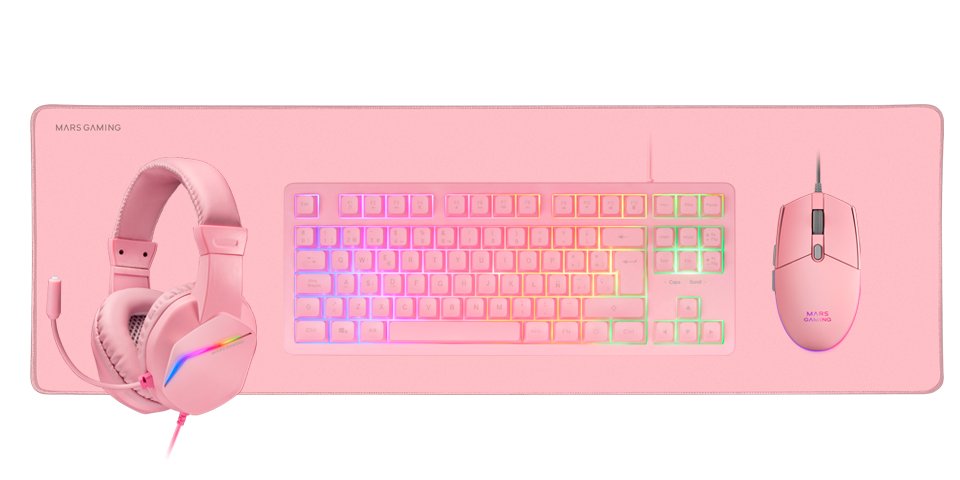 Combo Pack Mcprgb3 Rosa Mars Gaming Alfombrilla Xxl + Teclado Tkl H-Mech Frgb + Ratón Rgb Flow Con Hasta 3200dpi + Auriculares Frgb Rainbow