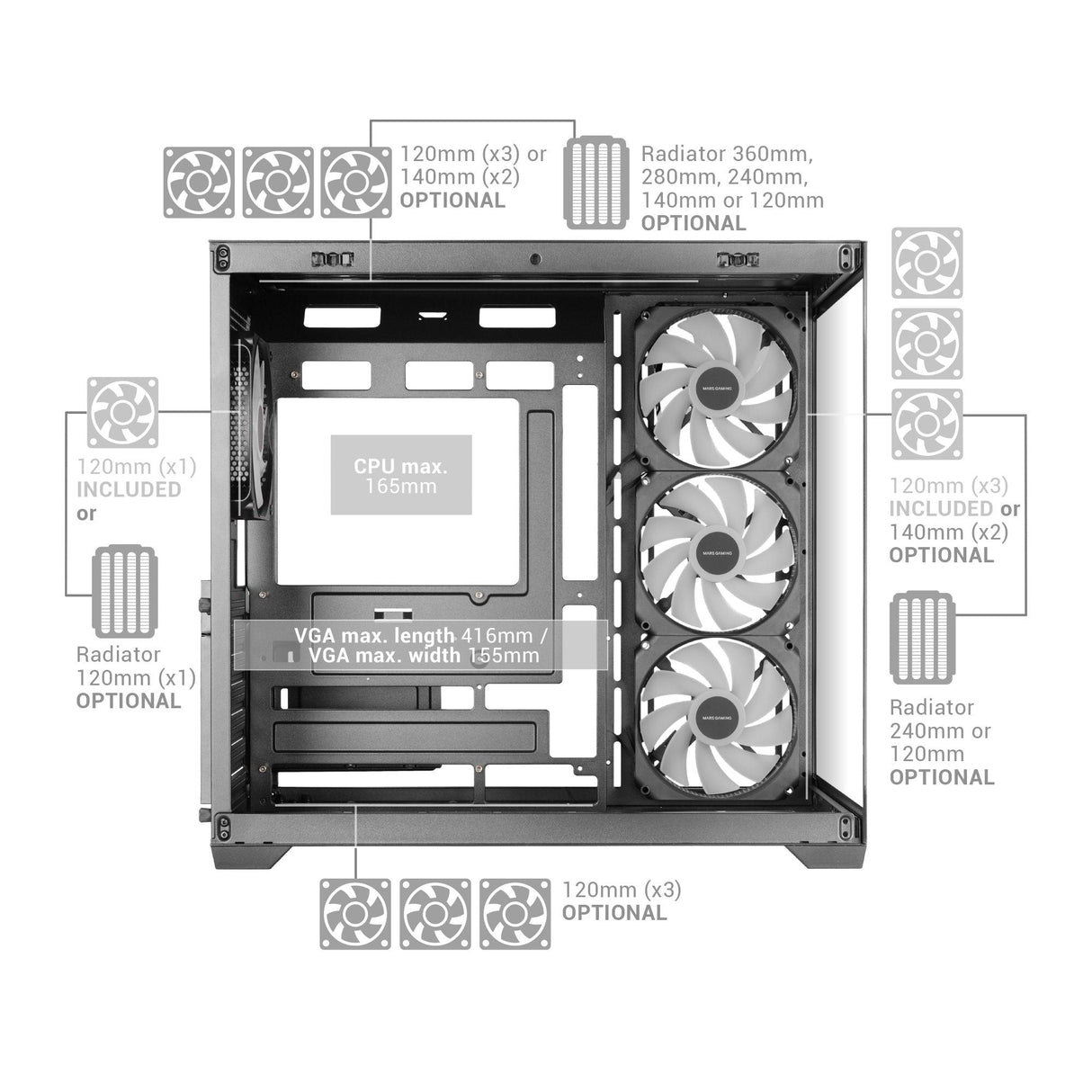 Caja Pc  Atx Mars Gaming Mcv5 Cristal Templado Panoramico Argb Gpu 416mm Negra