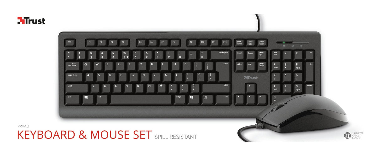 Trust Primo Teclado & Ratón Set, Con Cable, Deutsches Qwertz-Layout, Flüssigkeitsgeschützt