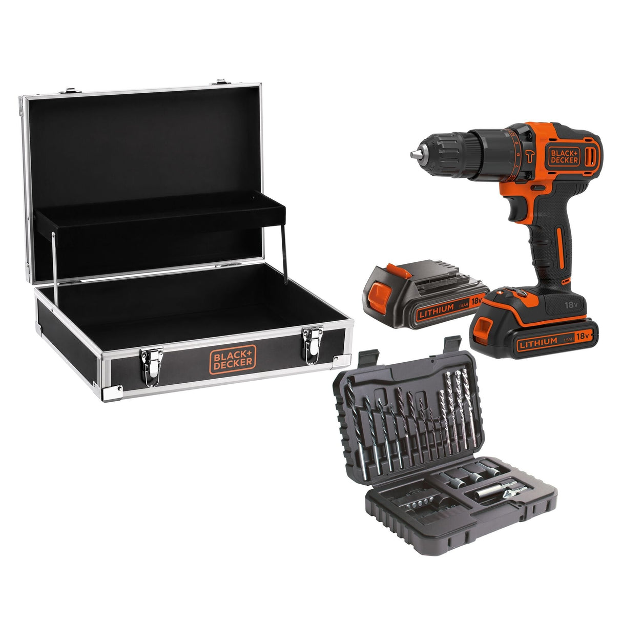 Taladro Atornillador Combinado A Batería Black+Decker Bdchd18b2fc, 18 Voltios Negro/Naranja, 2 Baterías De Iones De Litio De 1,5 Ah, 32 Piezas. Juego De Accesorios, En Caso Bdchd18b2fc-Qw