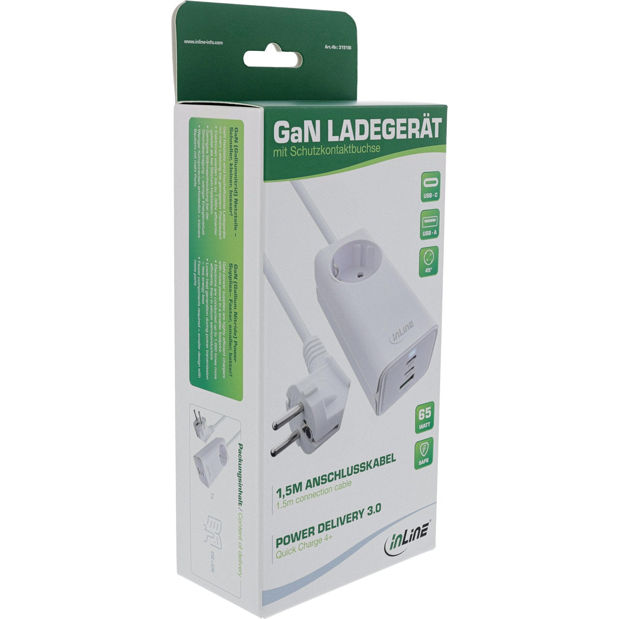 Inline® Usb Power Supply, 65w Charger, 2x Usb-C + 1x Usb-A, With Safety Socket And 1.5m Cable, Pd3.0 Pps Gan, White