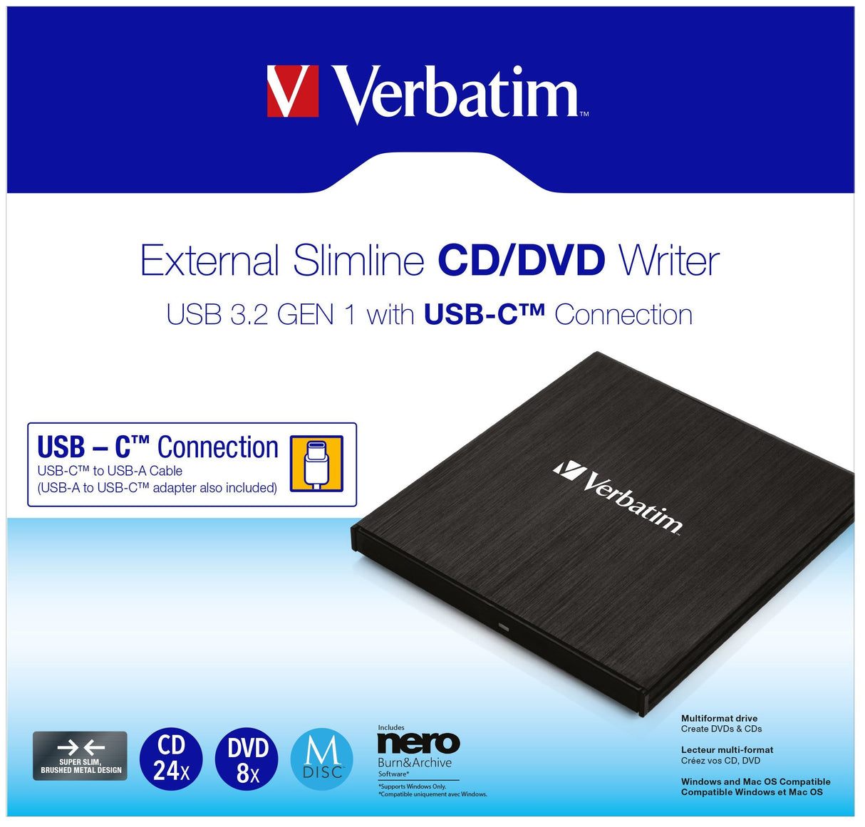 Grabadora Externa Cd Dvd Verbartim 43886 Conexión Usb Tipo-C