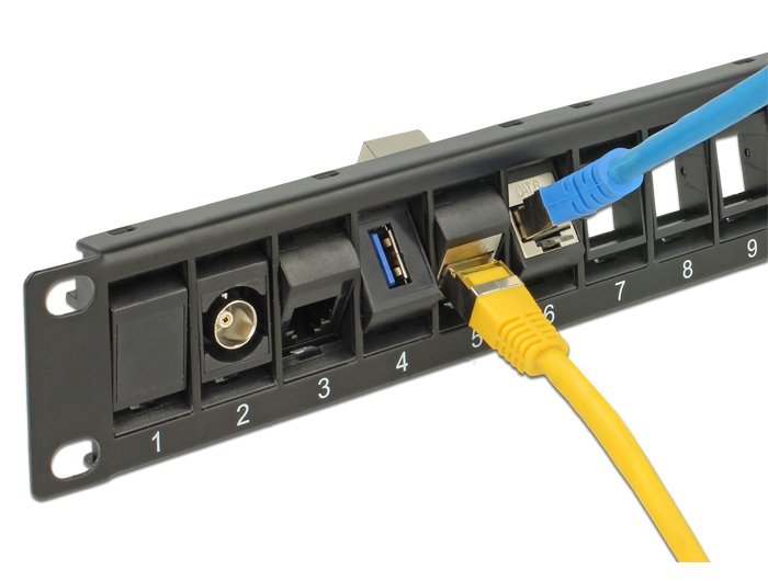 Delock 43340 Panel De Parcheo, Patch Panel Negro, Metal, Plástico, Montaje En Bastidor, 44 Mm, 11,5 Mm, 482,6 Mm