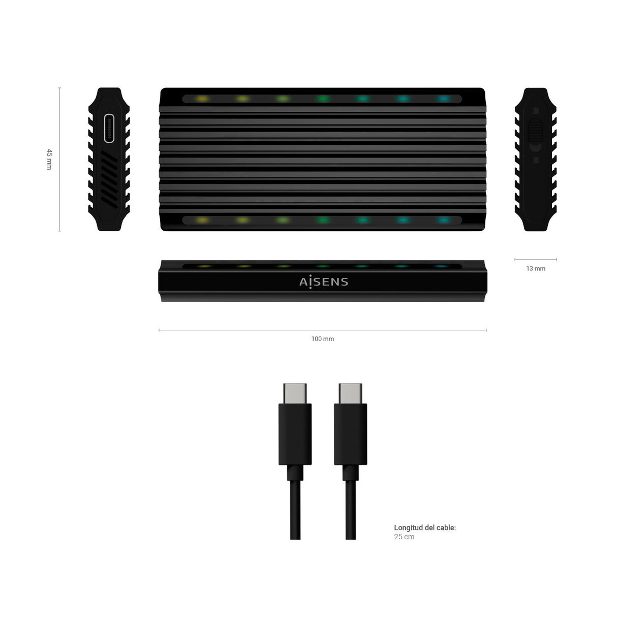 Aisens Caja Externa Para Disco Ssd M.2 Sata Nvme Usb 3.2  Sin Tornillos Asm2-Rgb012b