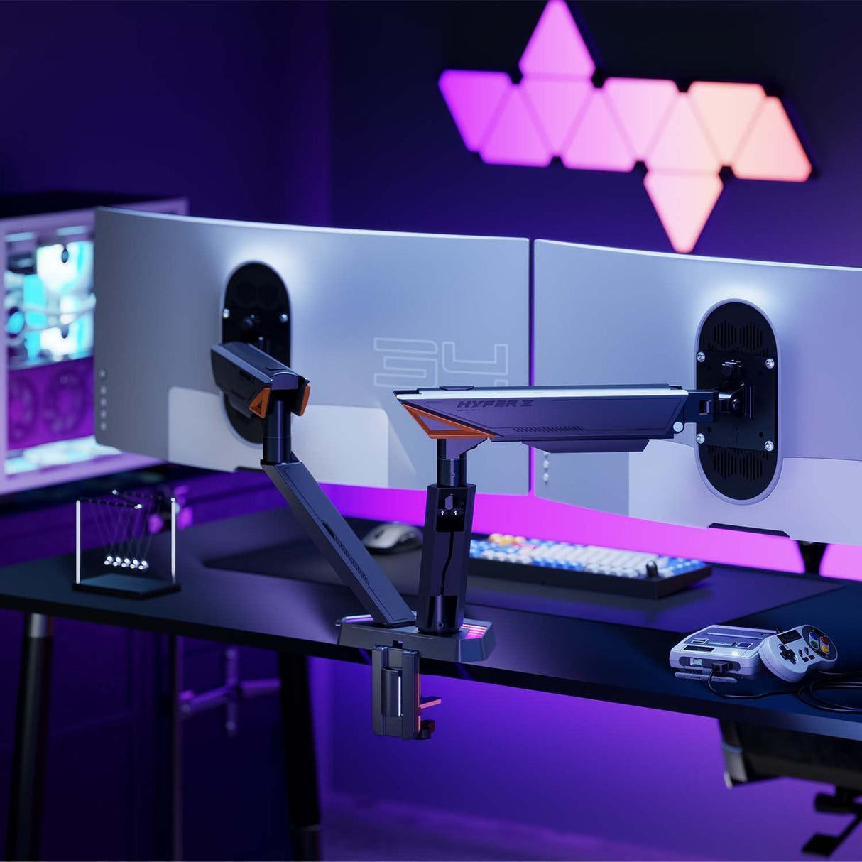 Aisens Soporte De Mesa Rgb Gaming Contrapeso Giratorio E Inclinable Para Monitor/Tv 16kg (3 Pivotes, 2 Brazos) De 17-38, Negro-Gris