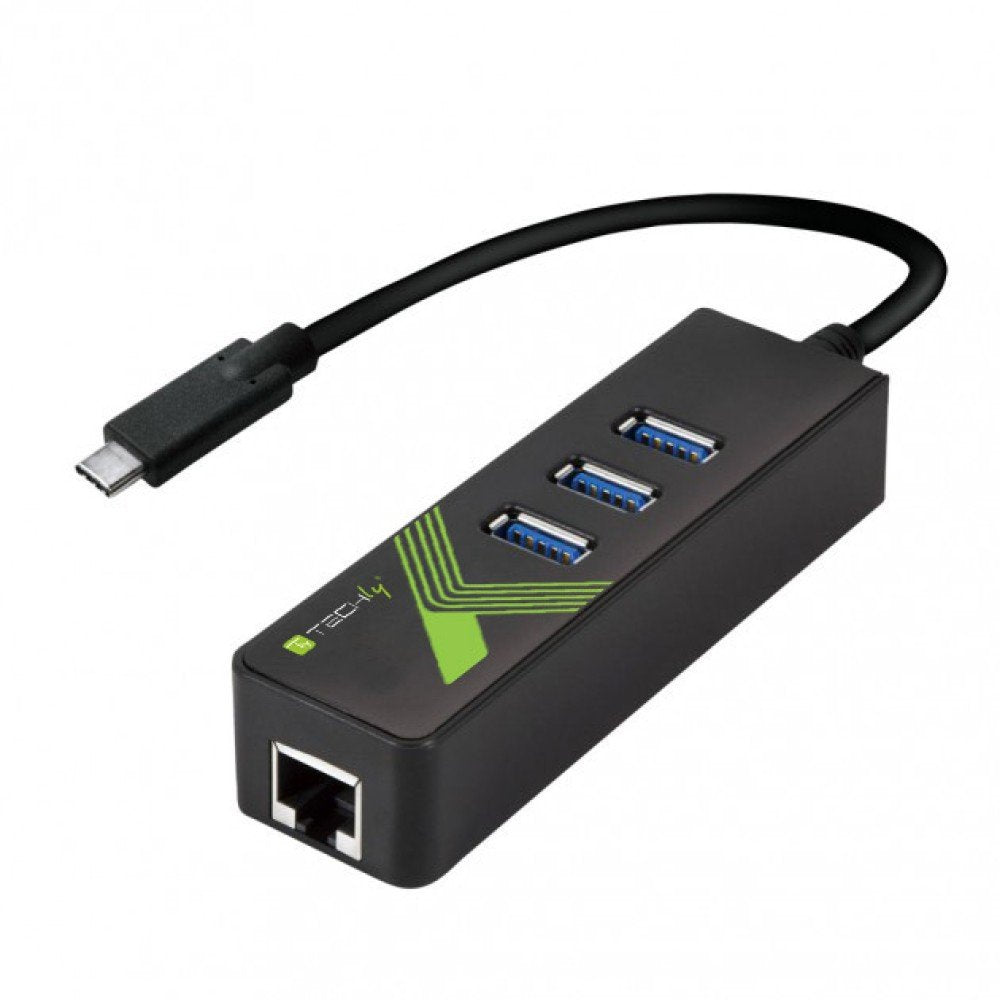 Techly Idata Usb-Etgiga-3c2 Tarjeta De Red/Adaptador Usb-C A Rj45 Gigabit, Hub 3x Usb 3.0