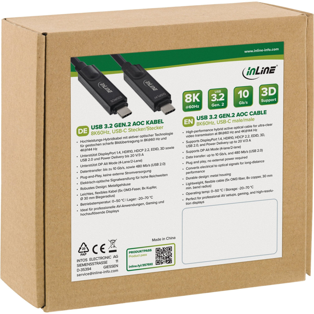 Cable De  5m Usb Aoc 3.2 Gen2 10gbps Pd60w Usb-C Macho A Usb-C Macho Negro Video 8k60hz Datos, Carga