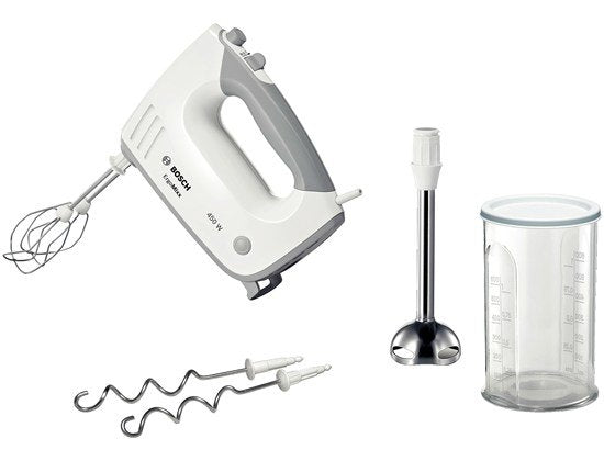 Bosch Home Batidora De Mano Ergomixx Mfq36470 Blanco/Gris, 450 Vatios, Con Pie Mezclador Y Vaso Mfq36470