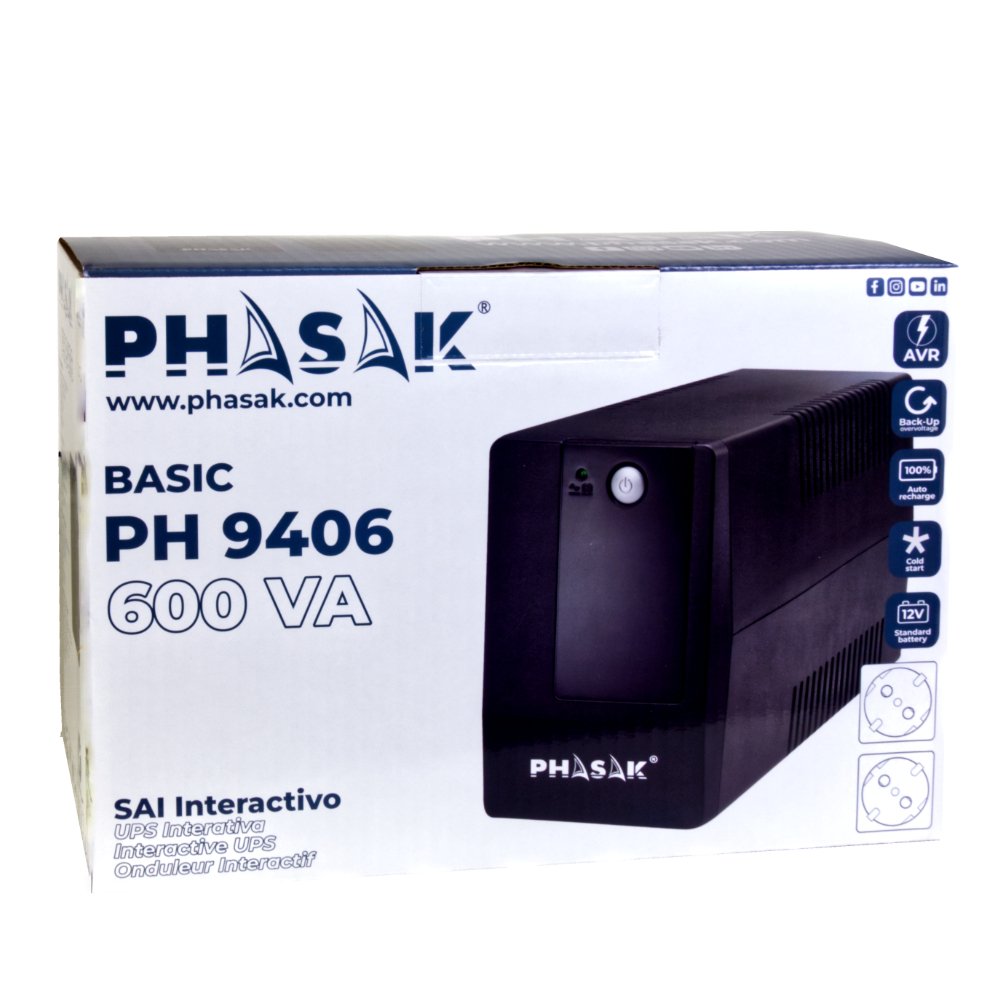 Sai Línea Interactiva Phasak Basic Interactive 600 Va 600va-360w 2 Salidas Formato Torre