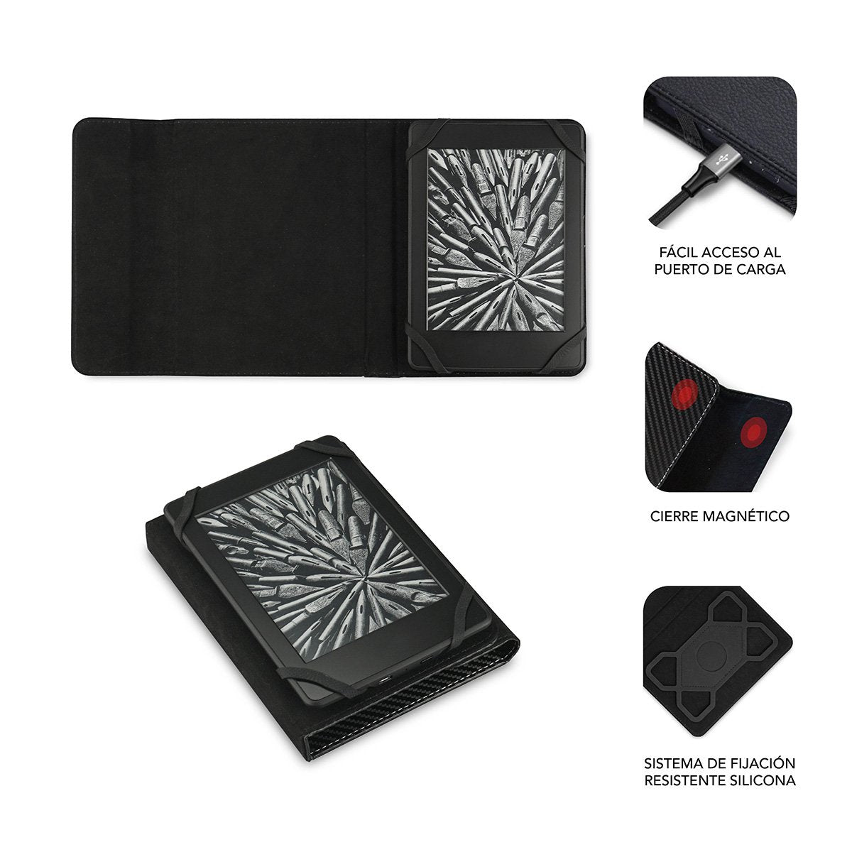 Funda Subblim Clever Ebook Para E-Reader 6'/15.24cm Black Material Exterior Símil Fibra De Carbono Cierre Mediante Solapa Magnética
