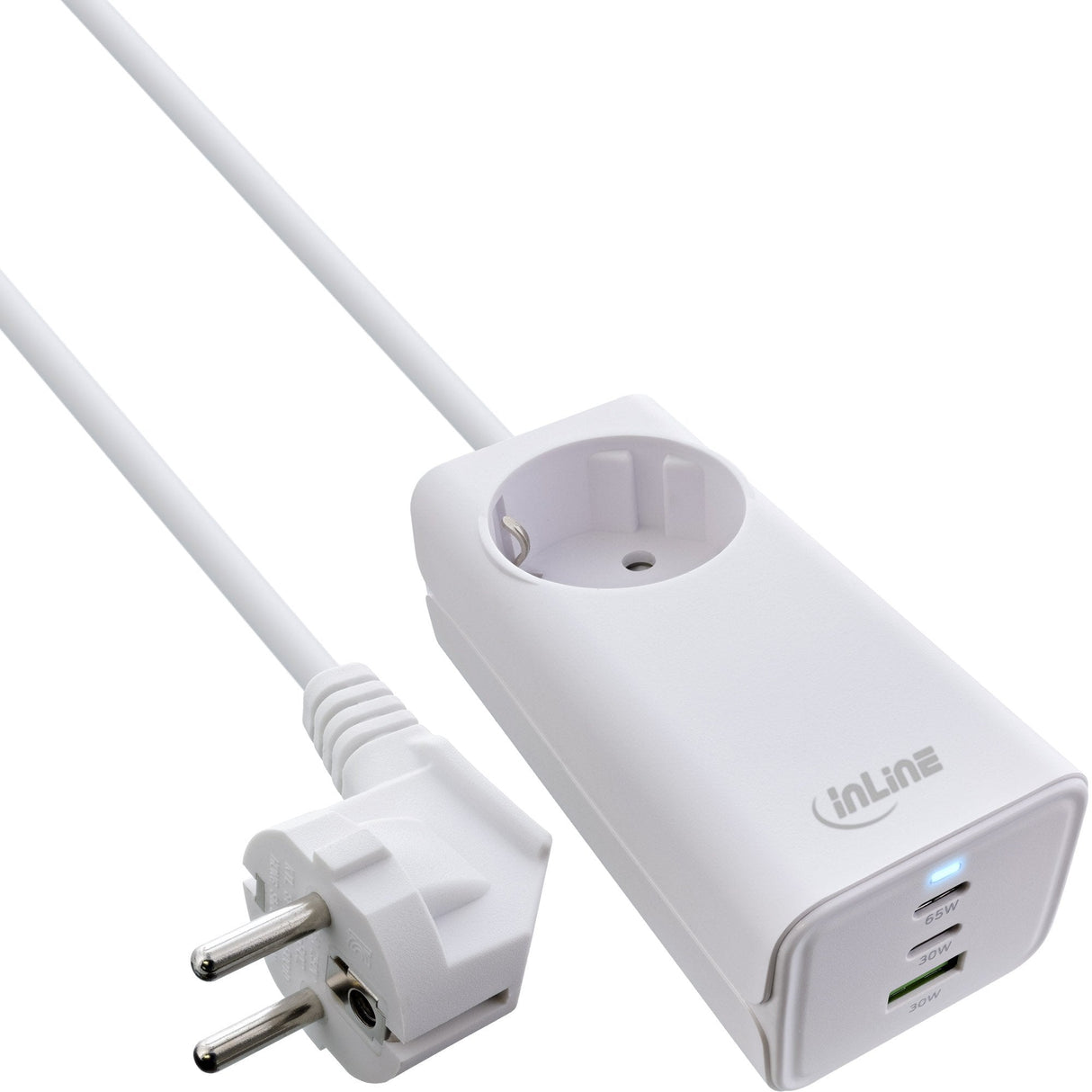 Inline® Usb Power Supply, 65w Charger, 2x Usb-C + 1x Usb-A, With Safety Socket And 1.5m Cable, Pd3.0 Pps Gan, White