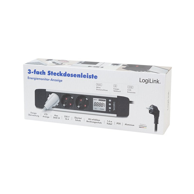 Regleta De  3 Tomas, Pantalla Lcd, Consumo De Energía/Emisiones De Co2 En Tiempo Real Logilink