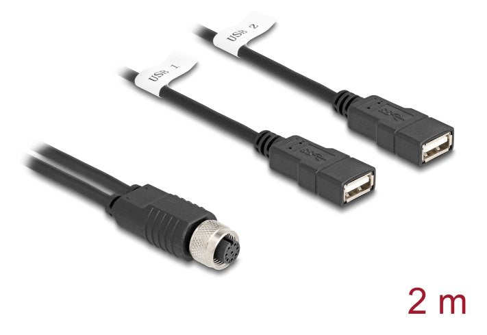 Delock M12 Cable A-Kodiert 8 Pin Buchse Zu 2 X Usb 2.0 Typ-A Buchse 2 M Schwarz