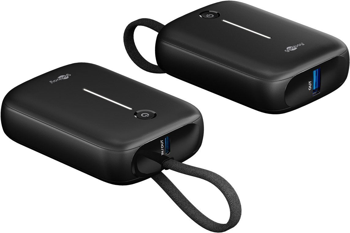 Goobay Powerbank 10.000 Mah, Integriertes Usb-C Cable 13cm, 20 Watt (Negro, 10 Ah, 1x Usb-A, 2x Usb-C, Pd, Qc) 76251