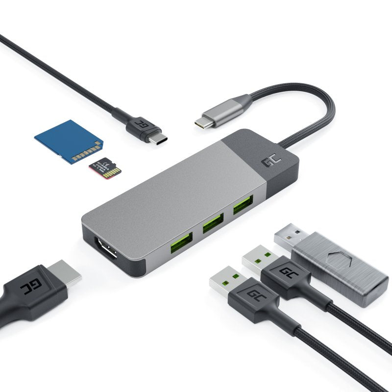 Estación De Acoplamiento Green Cell Ak50, Adaptador, Hub Usb-C 7in1 (3xusb, Hdmi, Sd (4k, Dex))