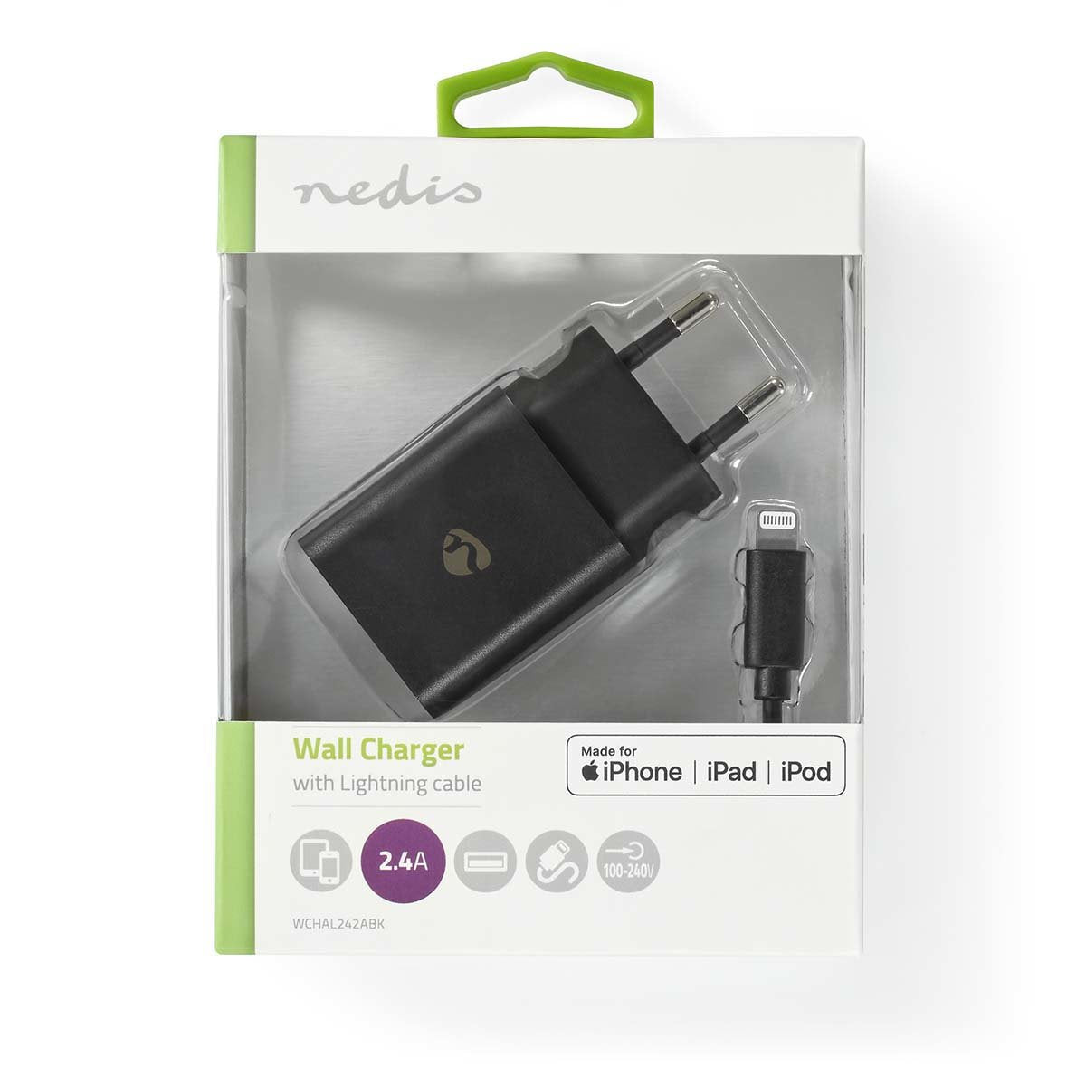 Nedis Cargador 1x 2.4 A Usb-A  Lightning De 8 Pines (Suelto) Cable 1.0m/12w Negro