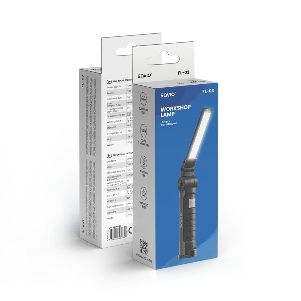 Lámpara De Taller Savio Fl-03 Cob Led 3w  Recargable, Usb-C, 150 Lm, Cabezal Giratorio, Imán