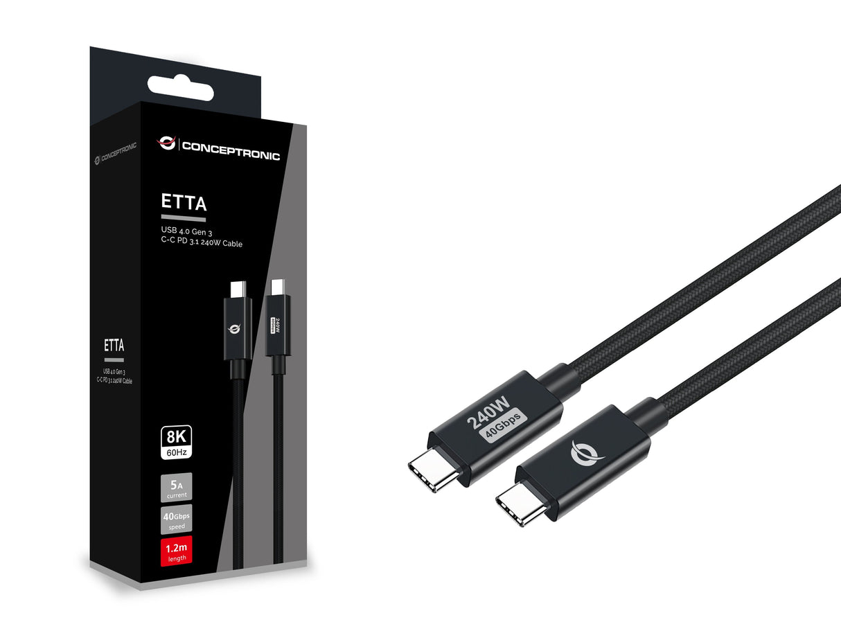 Cable Usb-C Macho A Usb-C Macho 1.2m Conceptronic Usb 4.0 Gen 3 240w 48v 5a 40gbps E-Mark