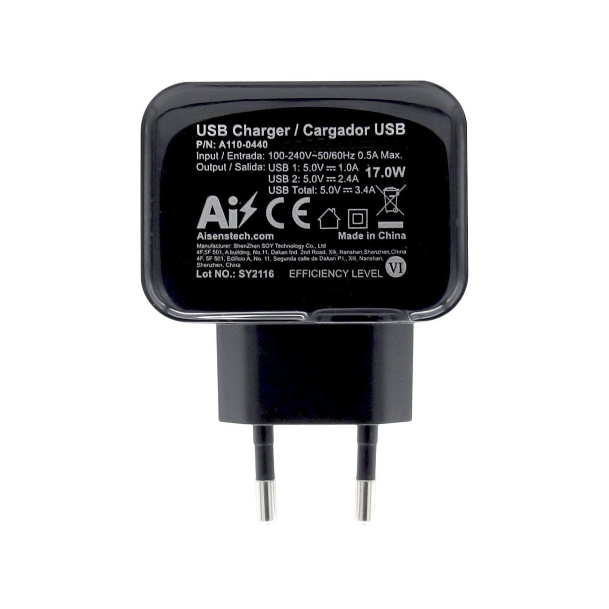 Aisens Cargador Usb 17w 5v/3.4a - 2xusb Con Control Ai - Negro