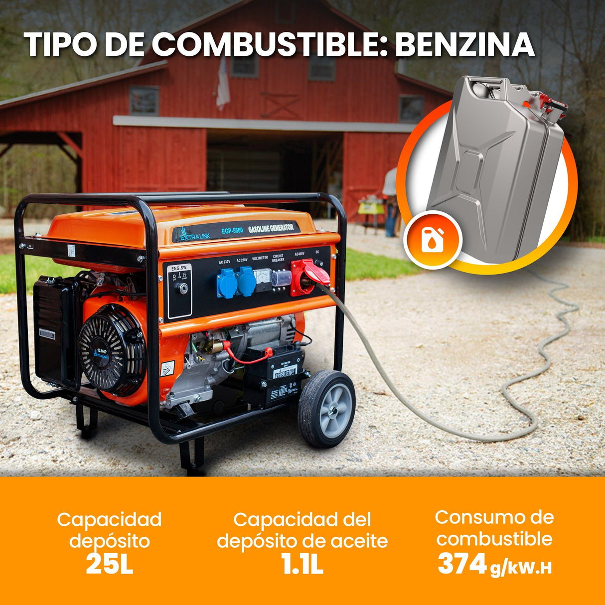 Extralink Ex.30356 Motor-Generador 5000 W 25 L Gasolina Negro, Naranja