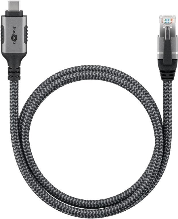 Cable Ethernet Goobay Usb-C 3.2 Gen2 Macho > Rj-45 Macho, Adaptador Lan Negro Plata, 7,5 Metros, Cubierta Textil Trenzada 70753