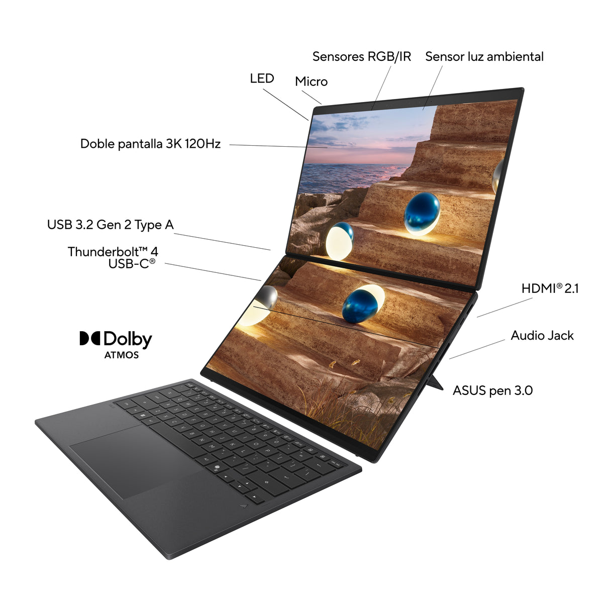 Portátil Asus Zenbook Duo Oled Ux8407aa-Sn066w, Copilot+ Pc, Intel Core Ultra 9 386h, 32gb, 1tb Ssd, 14", W11 - Gris