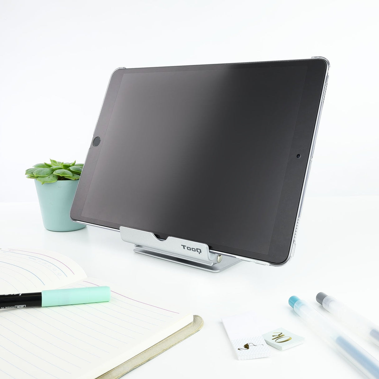 Tooq Soporte De Sobremesa Para Tablet Hasta 10" - Inclinable Y Giratorio - Base Antideslizante - Plata