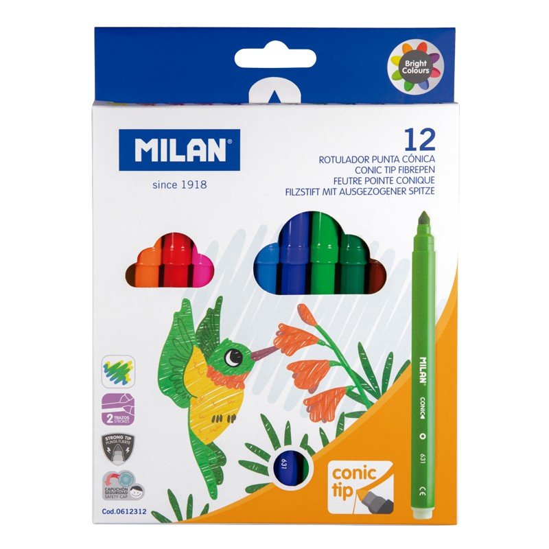 Caja De 12 Rotuladores Milan Punta Conica Y Base Agua