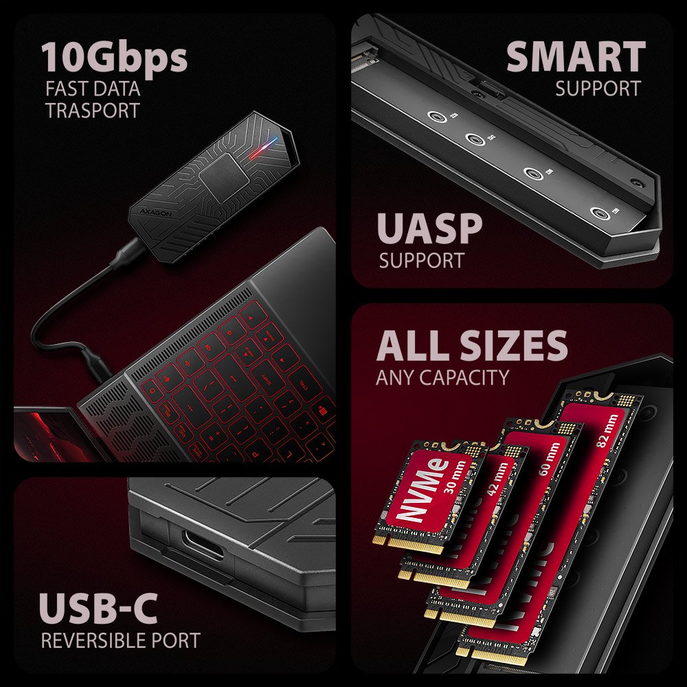 EAN 8595247908544 - Axagon EEM2-GAM, USB-C 10Gbps - NVMe & SATA SSD GAME M.2 box, bezšroubkový Caja externa para unidad de es imagen 11