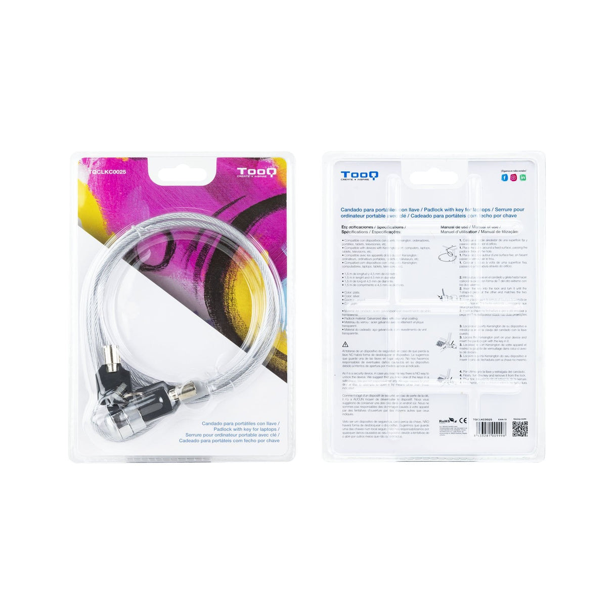 Tooq Cable De Seguridad Universal Con Llave Para Portatiles - Acero 4.5mm - Longitud 1.50m