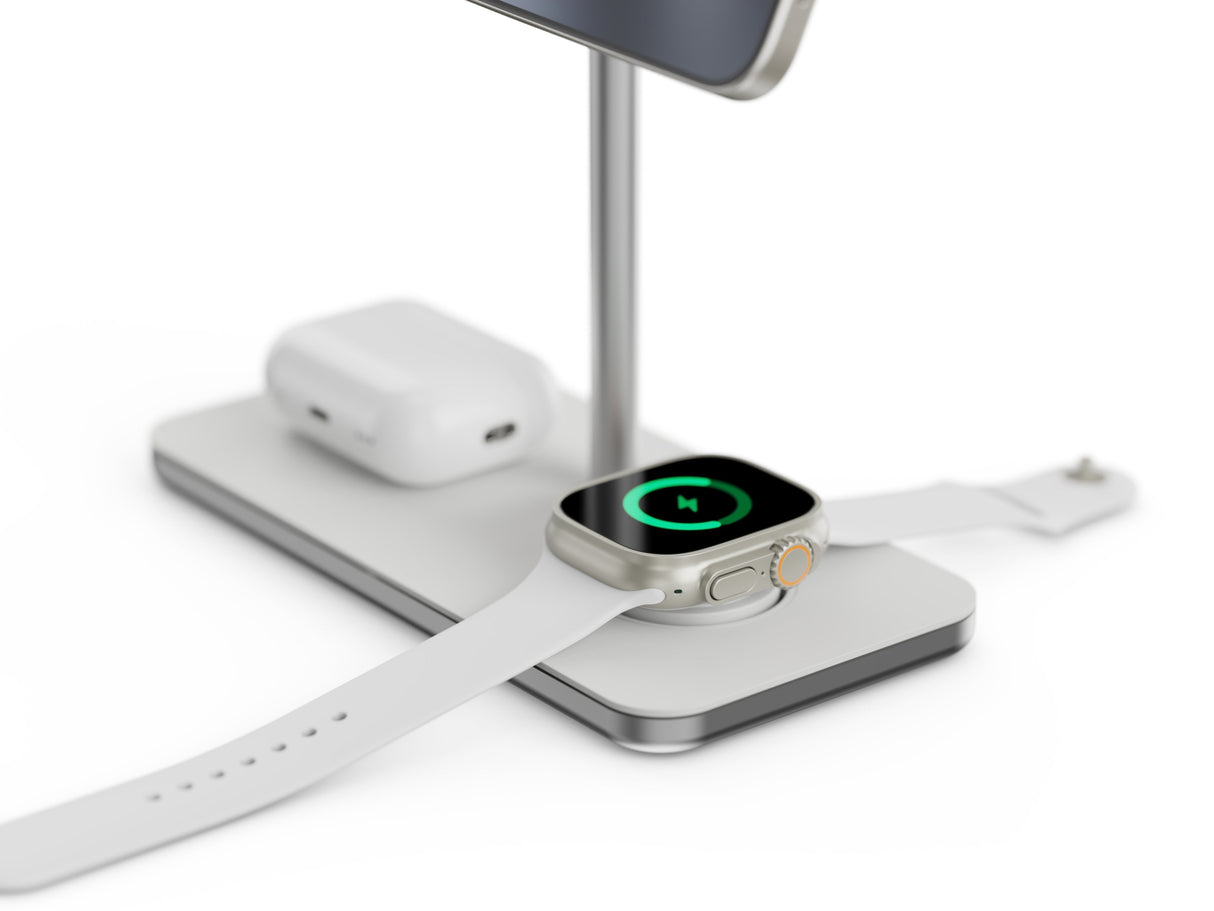 Soporte Base De Carga Inalambrico 3en1 Magsafe Plata Linq Carga Magnética Qi2/ Certificación Mfi Para Apple Watch