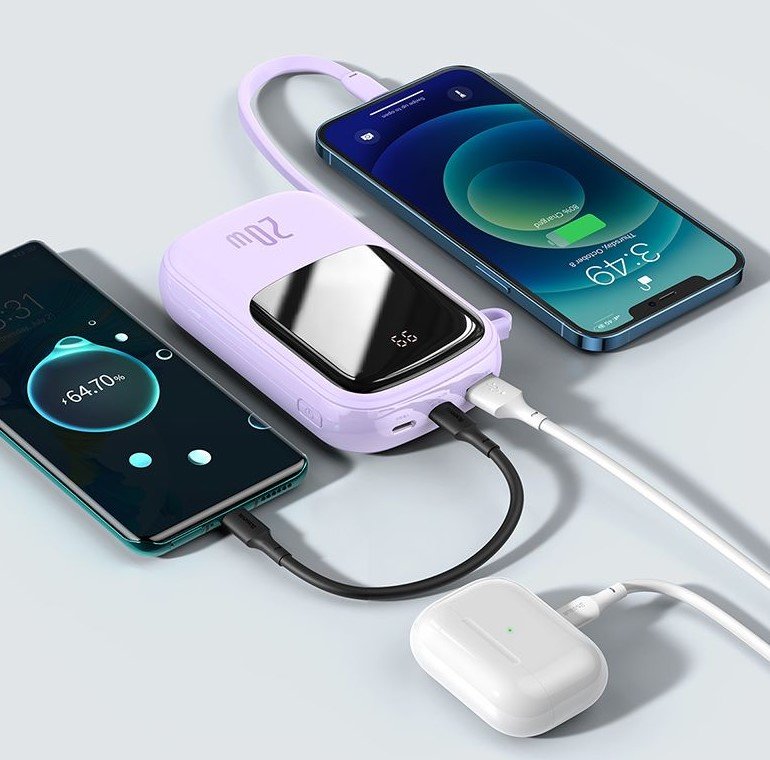 Power Bank  Baseus Qpow 20000mah, Ip, Usb, Usb-C, 20w Z Kablem Ip Fioletowy
