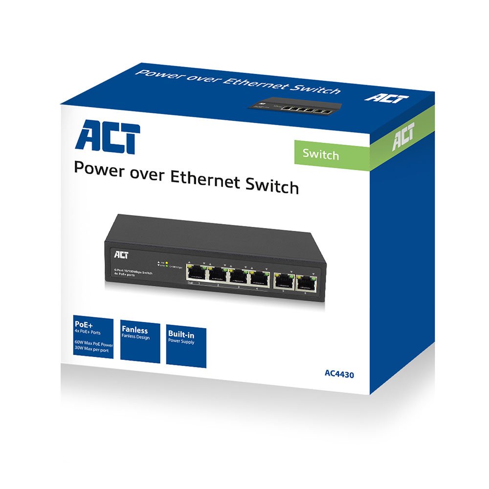 6 Port, Network Switch, 10 100mbps. 4x Poe+ (30w) Port