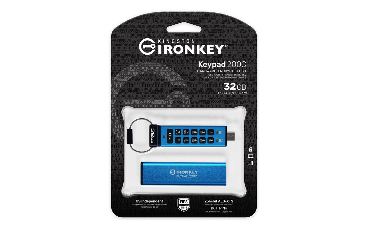 Pendrive Kingston Ironkey Keypad 200 32gb Usb-C Aes Encrypted Ikkp200c/32gb