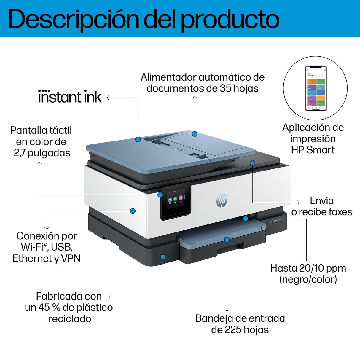 Impresora Multifunción De Inyección De Tinta Hp Officejet Pro 8135e 20ppm/10ppm Wifi Dúplex Fax