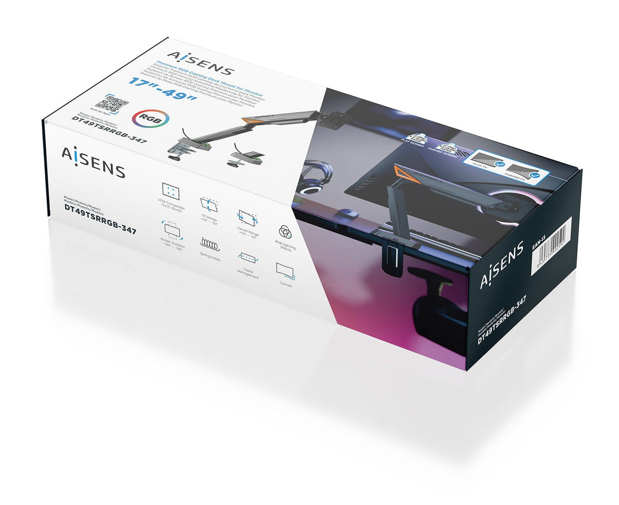 Aisens Soporte De Mesa Rgb Gaming Contrapeso Giratorio E Inclinable Para Monitor/Tv 16kg (3 Pivotes, 1 Brazo) De 17-49, Negro-Gris