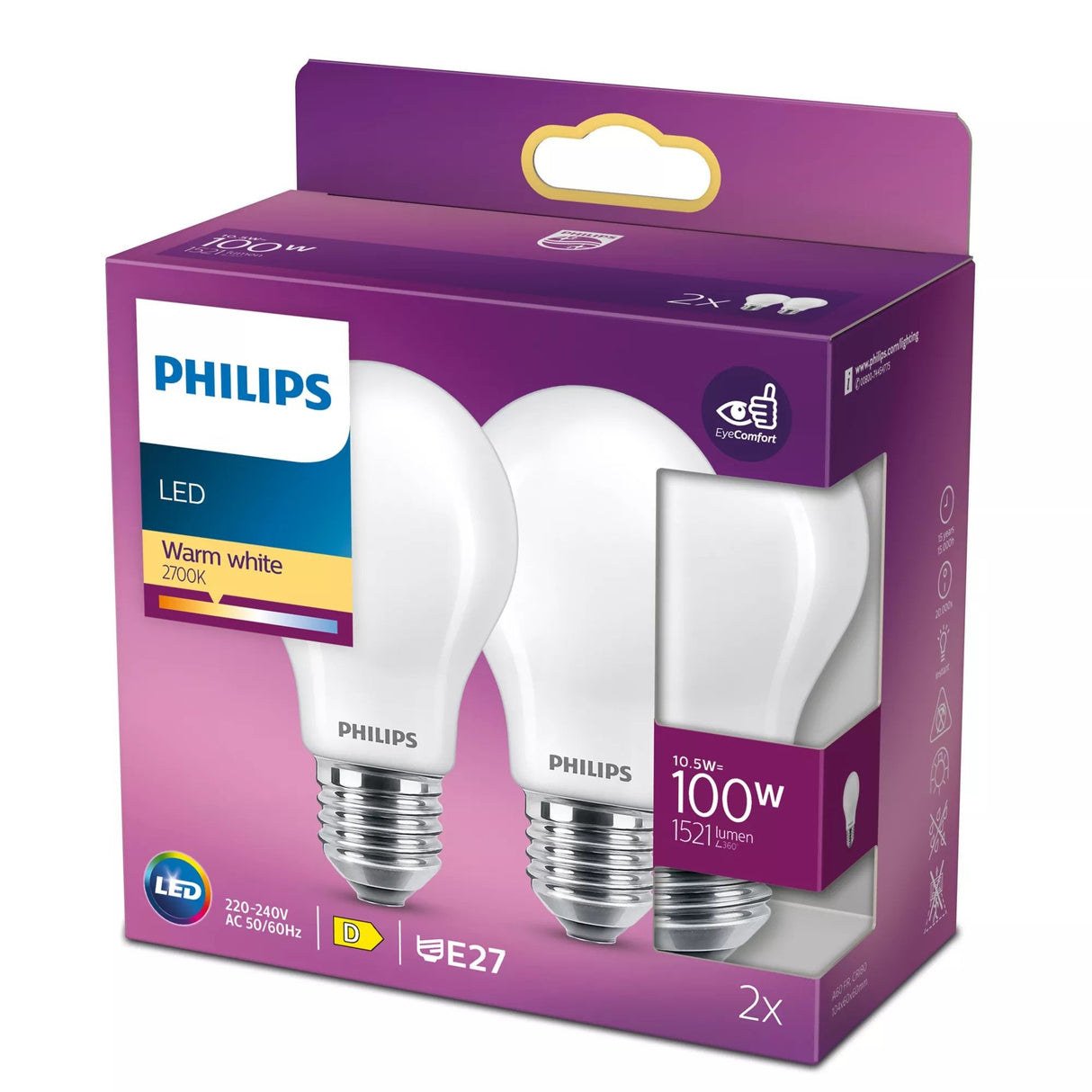 Bombilla Estandard Led E27 10,5 W 1521 Lm 2700 K Luz Calida, 2 Uds